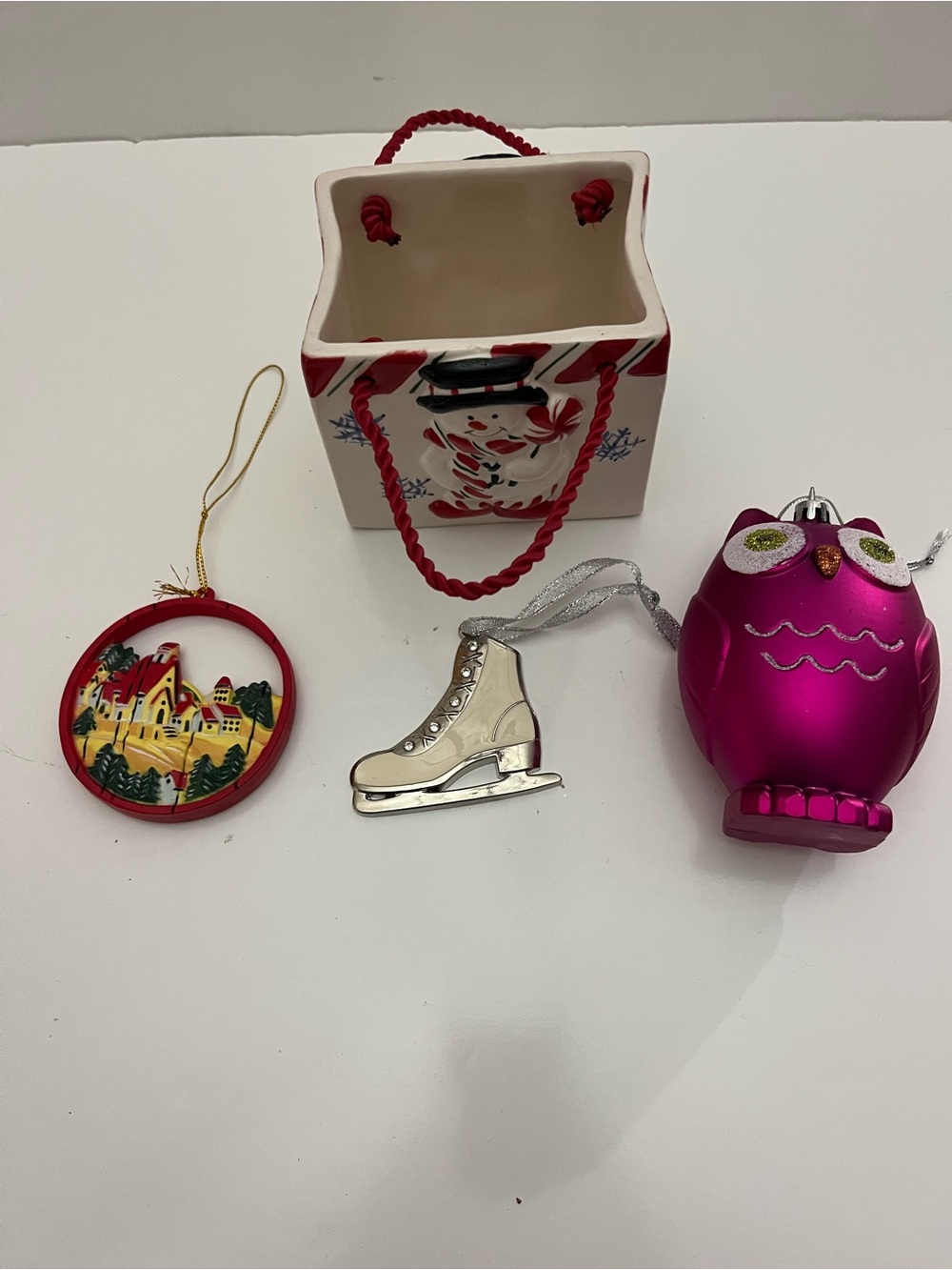 Christmas Ornaments Ceramic Gift Bag Snowman Pink Owl Ice Skate Village